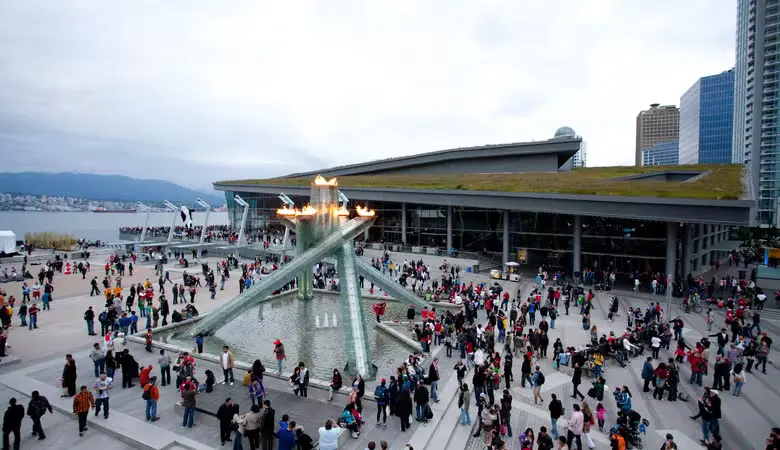 Busy plaza outside the convention centre